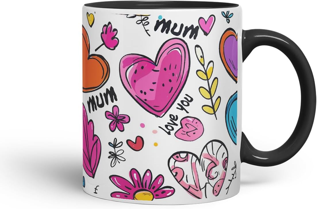 Vixar Mum Love You Colourful Hearts Pattern Mug – Coloured Ceramic Mug Cup Gift, 11oz (Black)