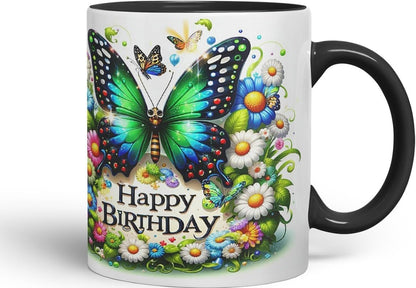 Vixar Happy Birthday Green Butterfly Daisies Coloured Ceramic Mug Cup Gift 11oz V8 (Black)