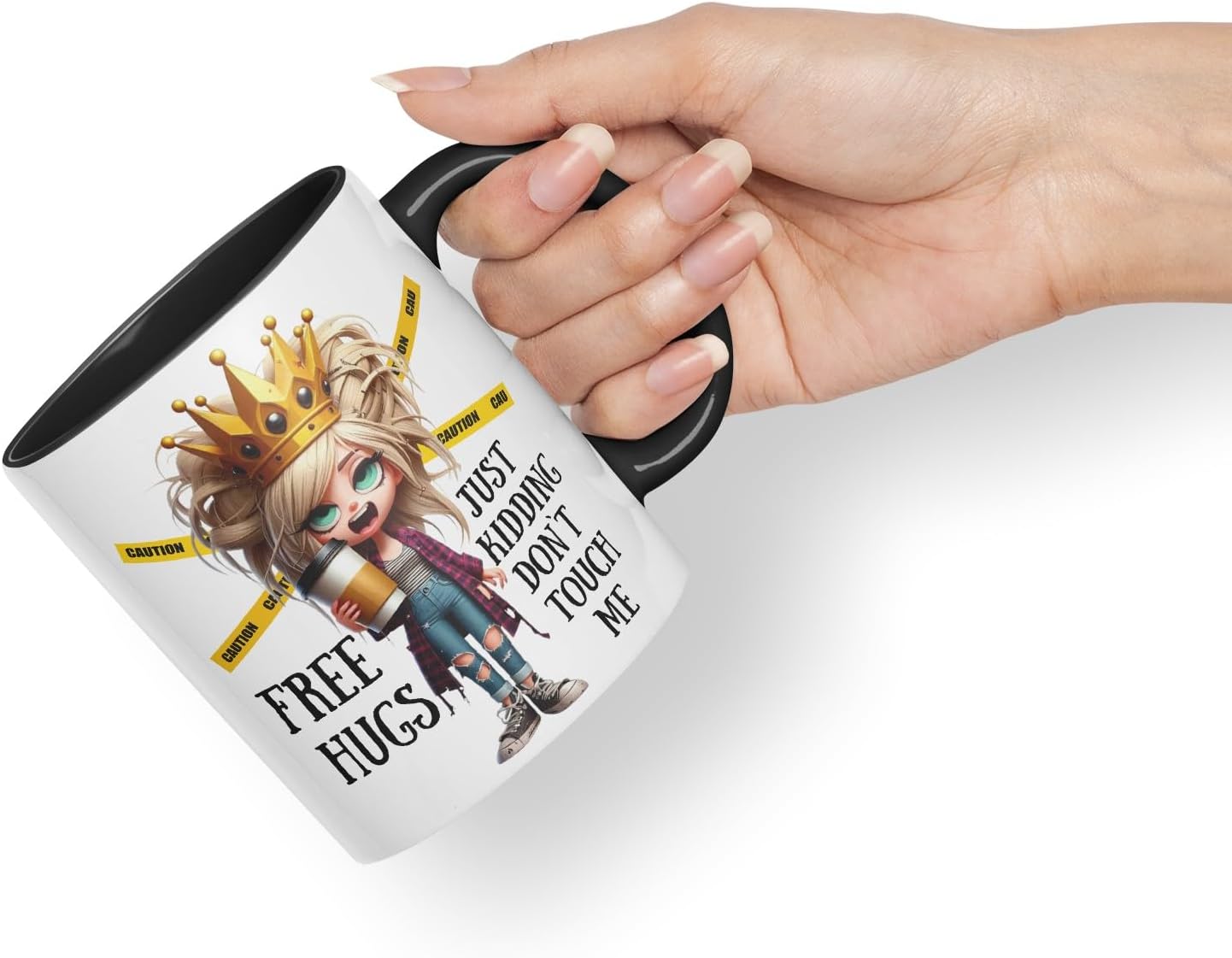 Vixar Free Hugs, Just Kidding Don’t Touch Me Sarcastic Queen Coloured Ceramic Mug Cup Gift 11oz (Black)