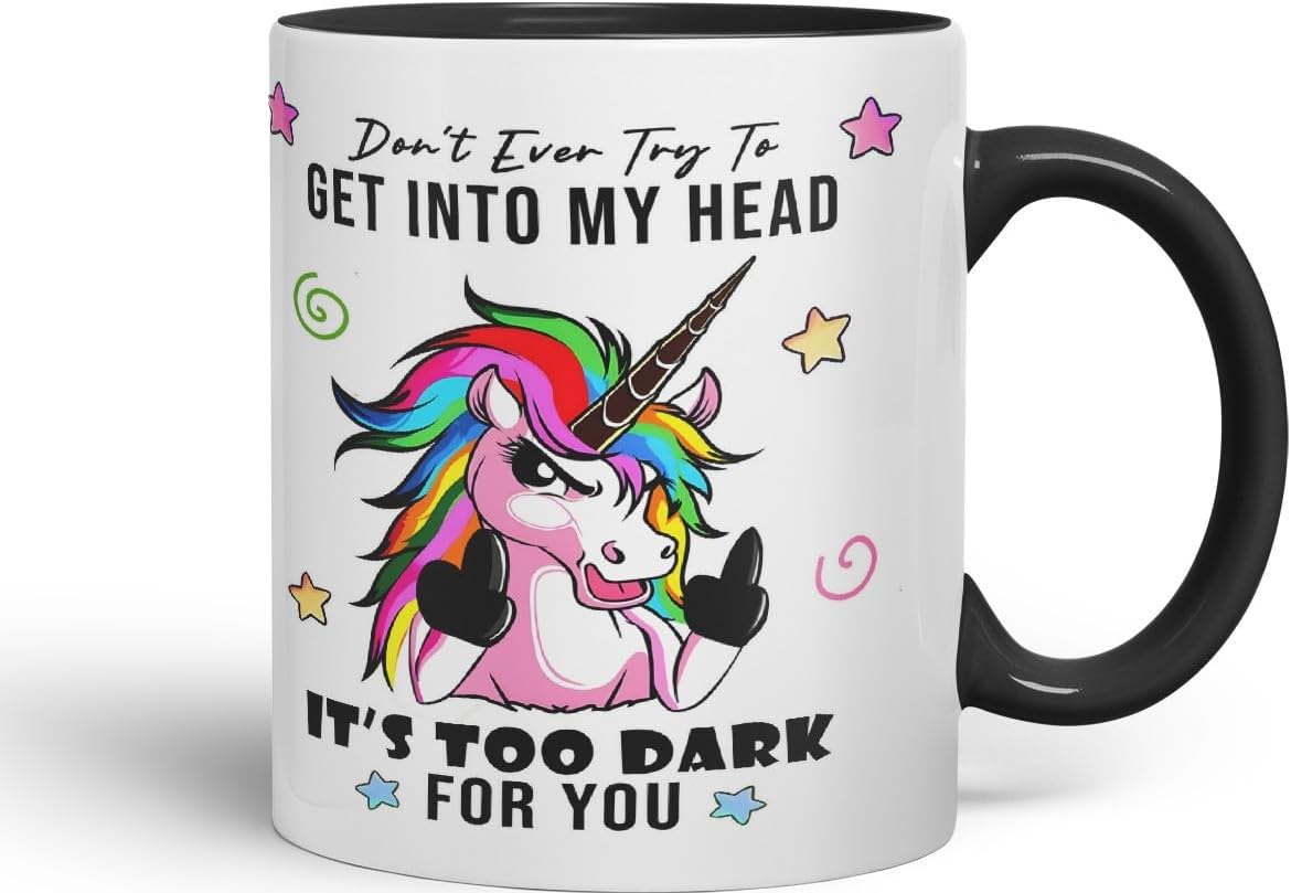 Vixar Don’t Ever Try to Get Into My Head – Funny Unicorn Coloured Mug Cup 11oz (Black)