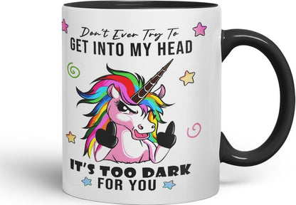 Vixar Don’t Ever Try to Get Into My Head – Funny Unicorn Coloured Mug Cup 11oz (Black)