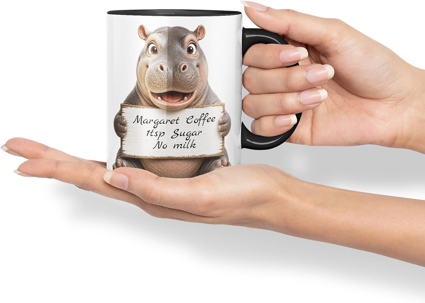 Vixar Personalised Hippo Mug with Name or Custom Message – Cute Animal Coloured Ceramic Mug Cup Gift, 11oz (Black)