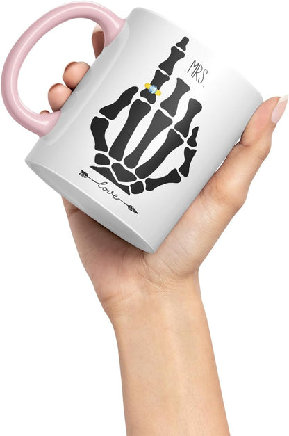 Vixar Mr and Mrs Skeleton Hand Wedding Ring Couple Mugs – Coloured Ceramic Mugs Cups Gift, 11oz, Set of 2