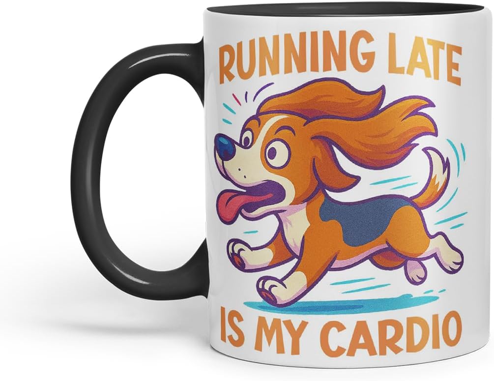Vixar Running Late is My Cardio Beagle Dog Mug – Coloured Ceramic Mug Cup Gift, 11oz (Black)