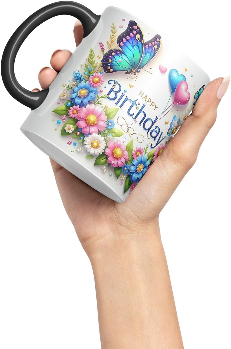 Vixar Happy Birthday Butterfly Floral Design Coloured Ceramic Mug Cup Gift 11oz V1 (Black)