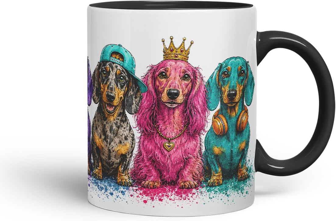 Vixar Dachshund Dog Mug – Cute Sausage Dog Coloured Ceramic Mug Cup Gift, 11oz (Black)