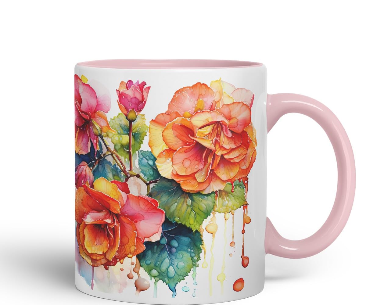 Vixar Begonia Botanical Art Mug Coloured Ceramic Mug Cup Gift, 11oz (Dark Green)