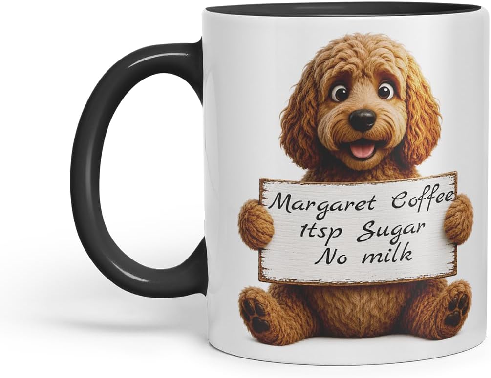 Vixar Personalised Cockapoo Dog Mug with Name or Custom Message – Cute Animal Coloured Ceramic Mug Cup Gift, 11oz (Black)