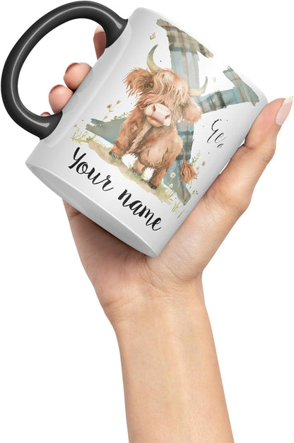 Vixar Personalised Highland Cow Initial Letter X Custom Name Mug – Coloured Ceramic Mug Cup Gift, 11oz (Black)