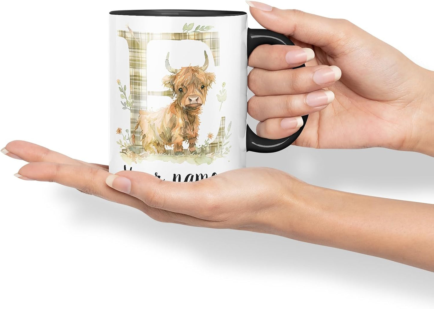 Vixar Personalised Highland Cow Initial Letter E Custom Name Mug – Coloured Ceramic Mug Cup Gift, 11oz (Black)