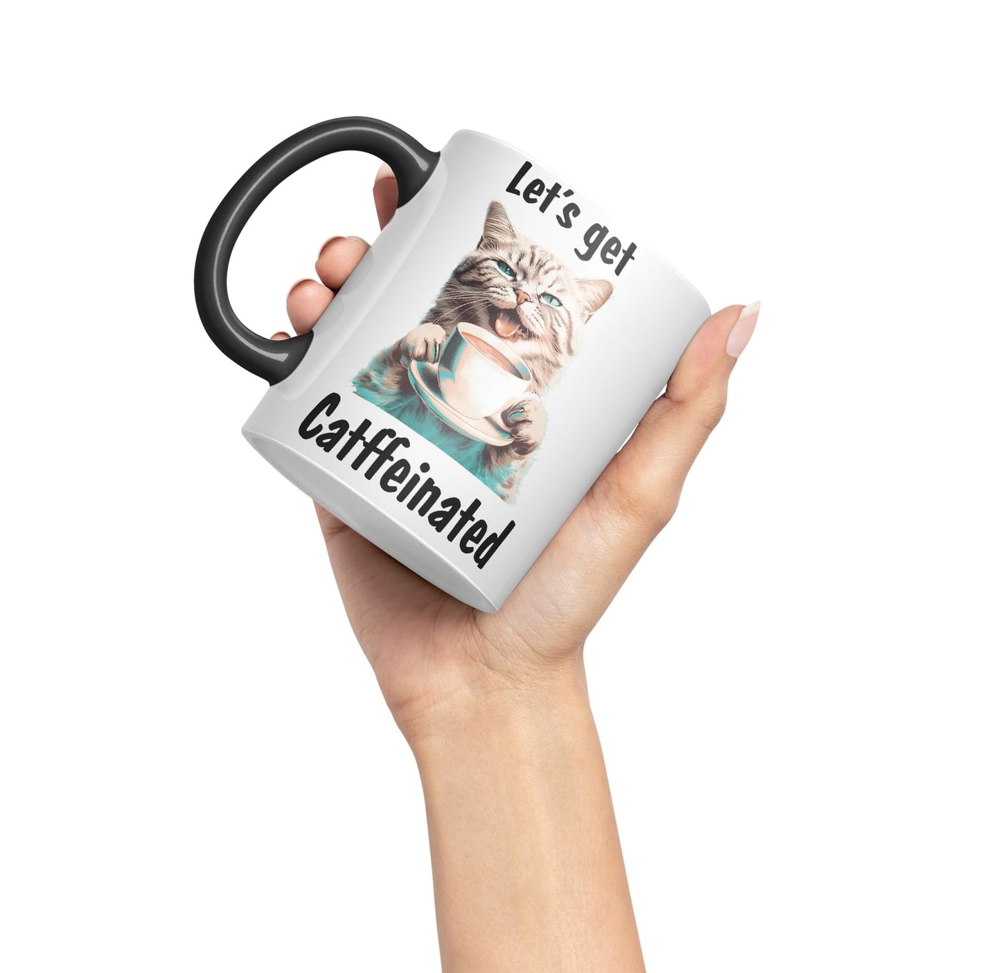 Let's get Caffeinated cat Kitten Joke sarkasm Sarcastic Ceramic Coloured Mug Cup for Tea Coffee Hot Brew 330ml 11Oz Gift