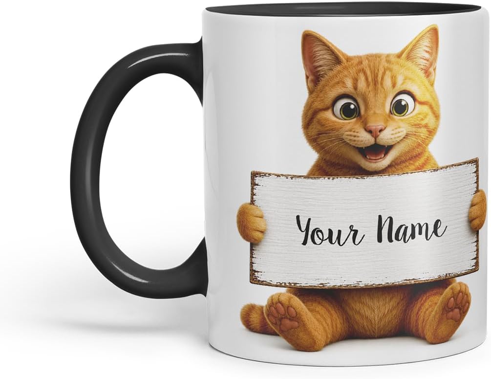 Vixar Personalised Ginger Cat Mug with Name or Custom Message – Cute Animal Coloured Ceramic Mug Cup Gift, 11oz (Black)