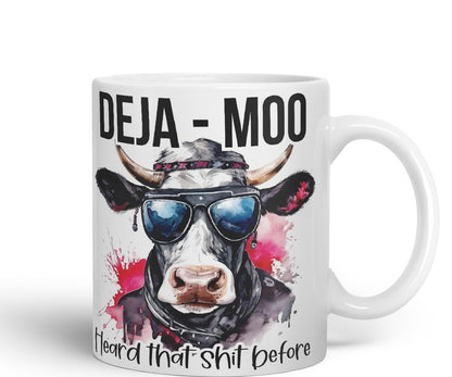 Vixar Deja Moo Heard That Sh.. Before Cow Joke Coloured Ceramic Mug Cup Gift, 11oz (Black)