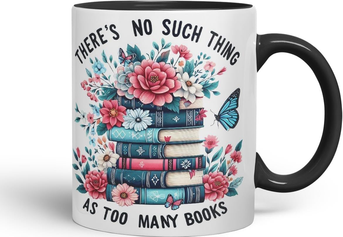 Vixar There's No Such Thing As Too Many Books Coloured Ceramic Mug Cup Gift, 11oz (Black)