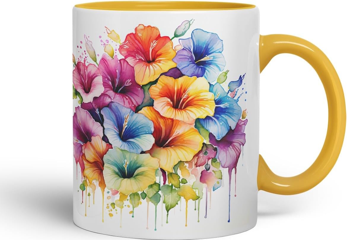 Vixar Petunia Patio Flower Mug Coloured Ceramic Mug Cup Gift, 11oz (Gold Yellow)
