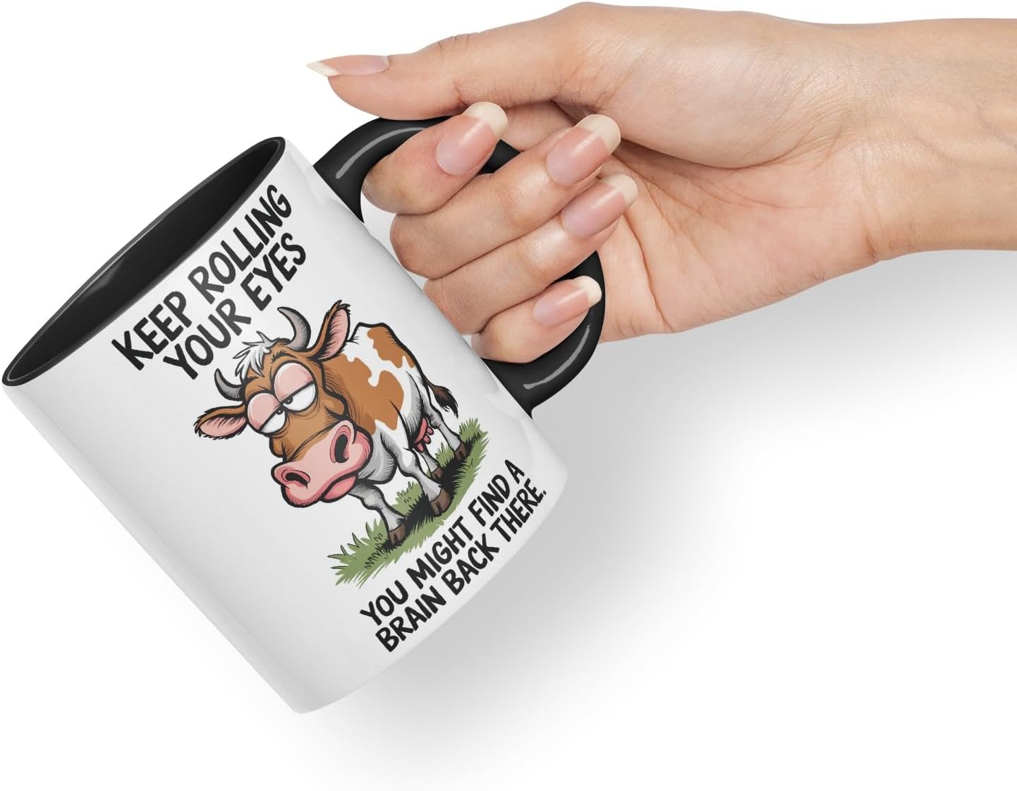Vixar Keep Rolling Your Eyes You Might Find a Brain Cow Joke Coloured Ceramic Mug Cup Gift, 11oz (Black)