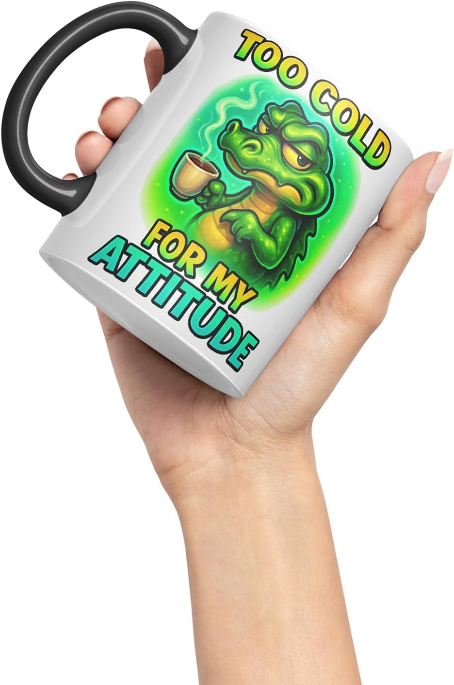 Vixar Too Cold for My Attitude Funny Crocodile Coffee Mug – Coloured Ceramic Mug Cup Gift, 11oz (Black)