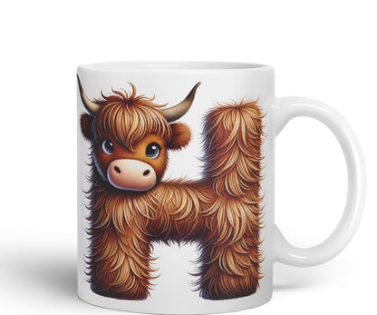 Highland Cow Alphabet Monogram Coloured Ceramic Cup Mug Letter H Rustic Farmhouse Animal Letter Gift V2 11oz (Black)