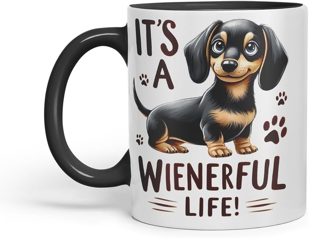 Vixar It’s A Wienerful Life Dachshund Dog Mug – Coloured Ceramic Mug Cup Gift, 11oz (Black)