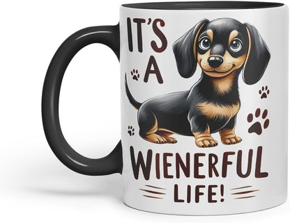 Vixar It’s A Wienerful Life Dachshund Dog Mug – Coloured Ceramic Mug Cup Gift, 11oz (Black)
