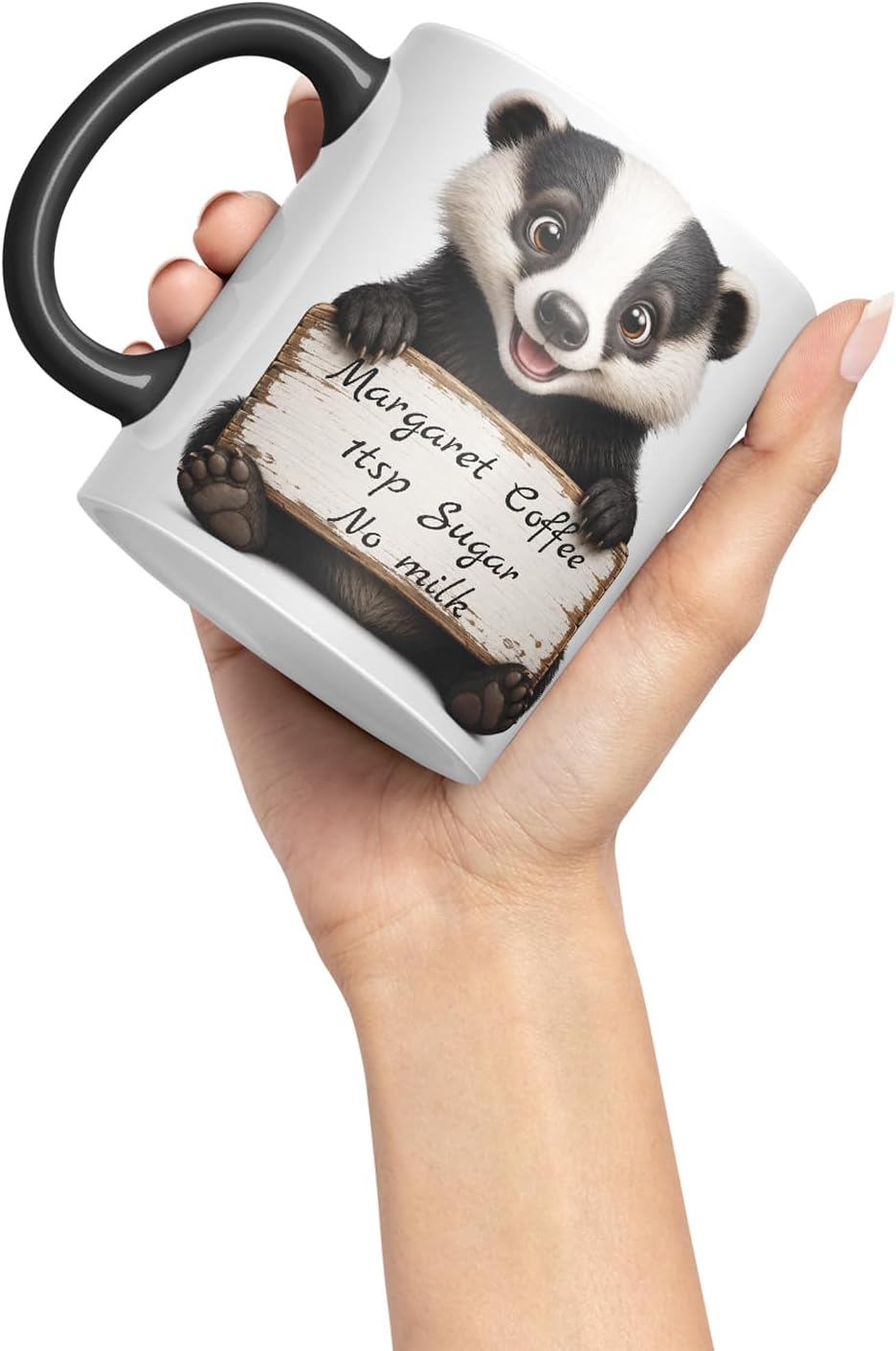 Vixar Personalised Badger Mug with Name or Custom Message – Cute Animal Coloured Ceramic Mug Cup Gift, 11oz (Black)