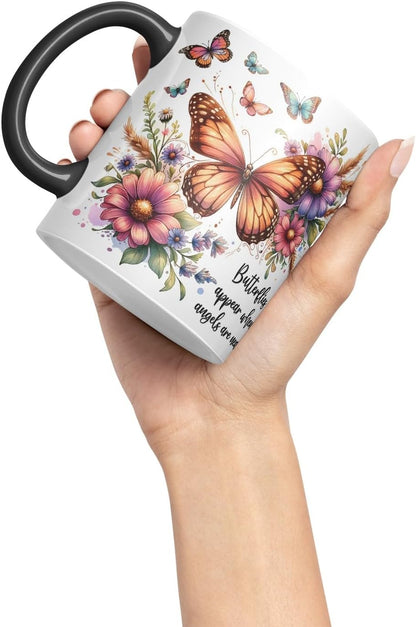 Vixar Butterflies Appear When Angels are Near Coloured Mug Cup Butterfly Floral Memorial Gift 11oz (Black)