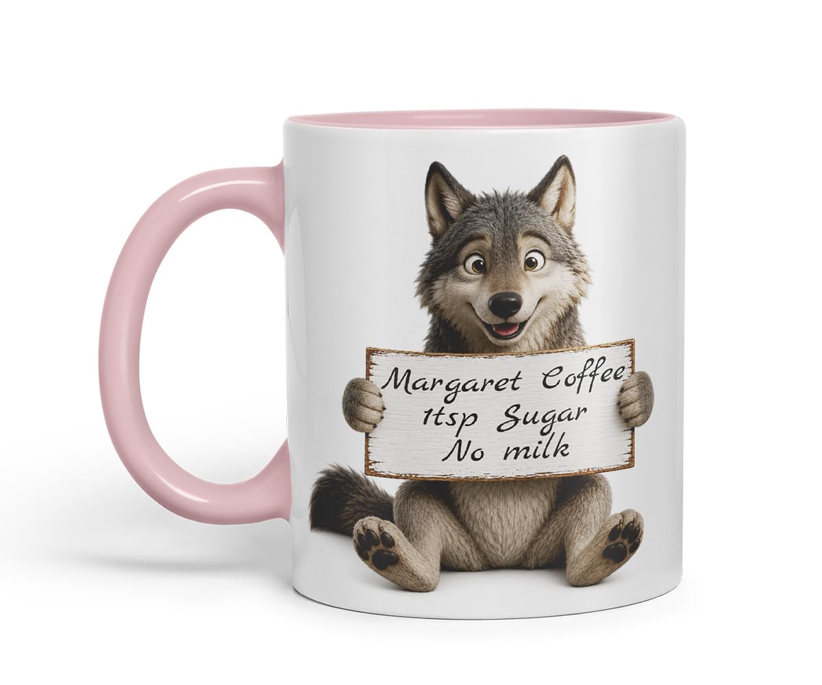 Vixar Personalised Wolf Mug with Name or Custom Message – Cute Animal Coloured Ceramic Mug Cup Gift, 11oz (Black)