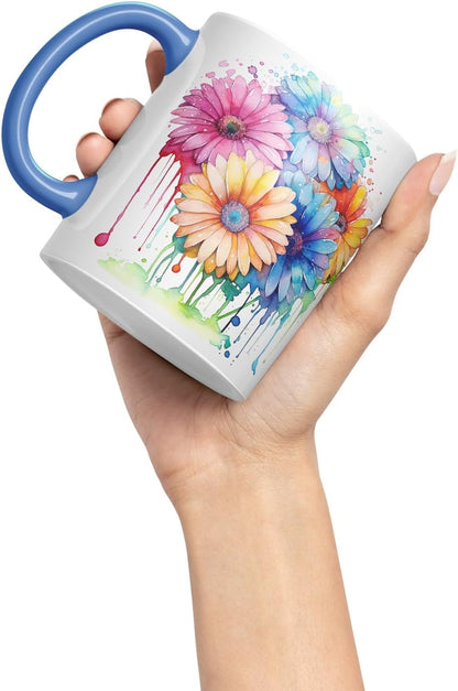 Vixar Gerbera Daisy Bright Bloom Mug Coloured Ceramic Mug Cup Gift, 11oz (C Blue)