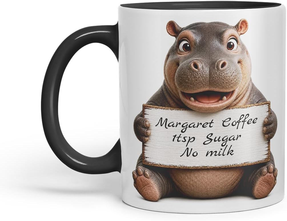 Vixar Personalised Hippo Mug with Name or Custom Message – Cute Animal Coloured Ceramic Mug Cup Gift, 11oz (Black)