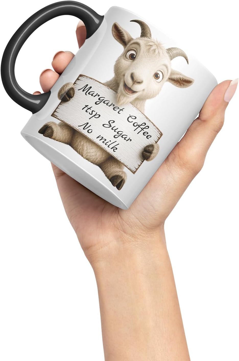 Vixar Personalised Goat Mug with Name or Custom Message – Cute Animal Coloured Ceramic Mug Cup Gift, 11oz (Black)