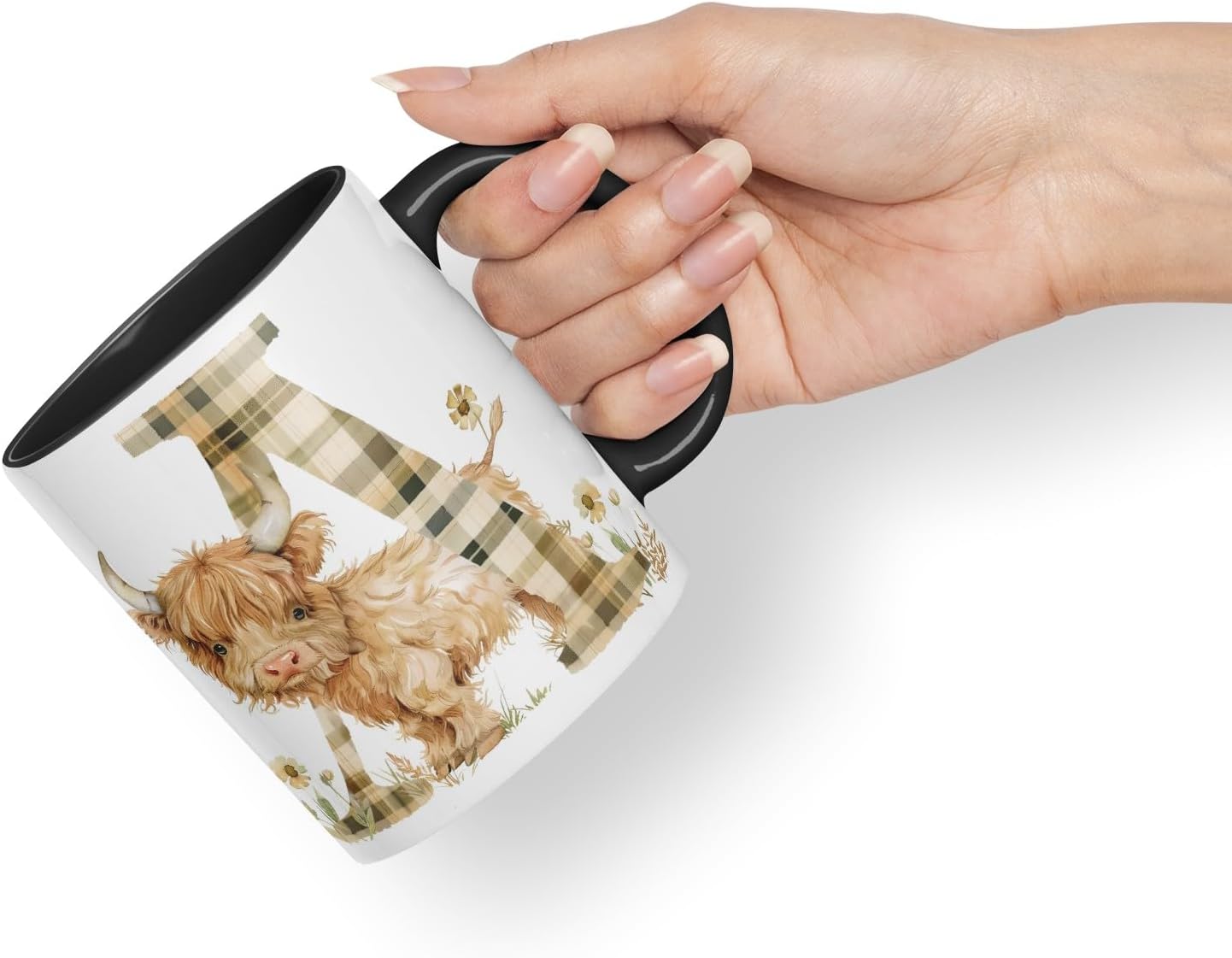 Vixar Highland Cow Alphabet Monogram Coloured Ceramic Cup Mug – Letter A – Rustic Farmhouse Animal Letter Gift – 11oz (Black)