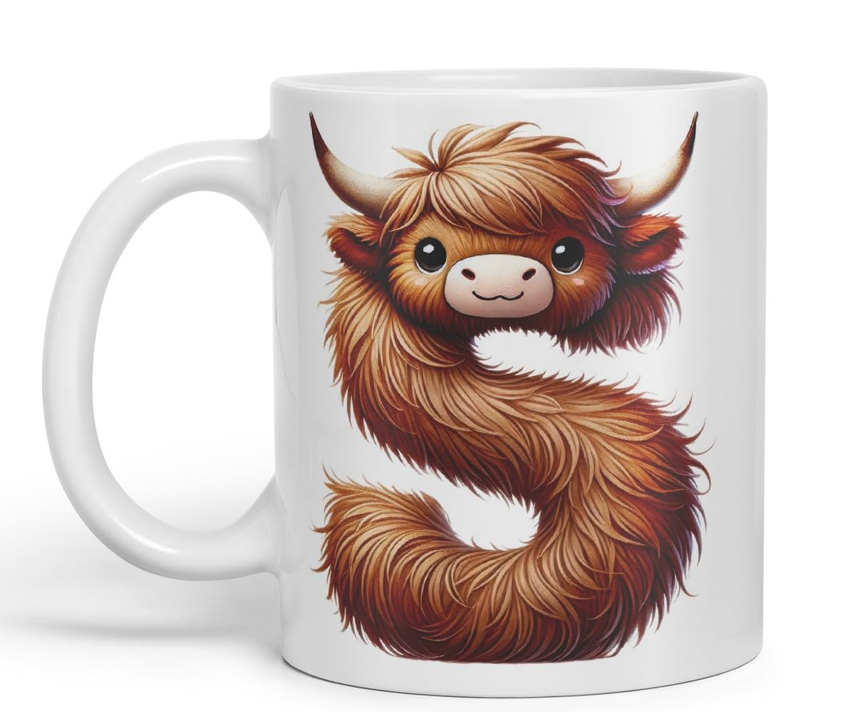 Highland Cow Alphabet Monogram Coloured Ceramic Cup Mug Letter S Rustic Farmhouse Animal Letter Gift V2 11oz (Black)