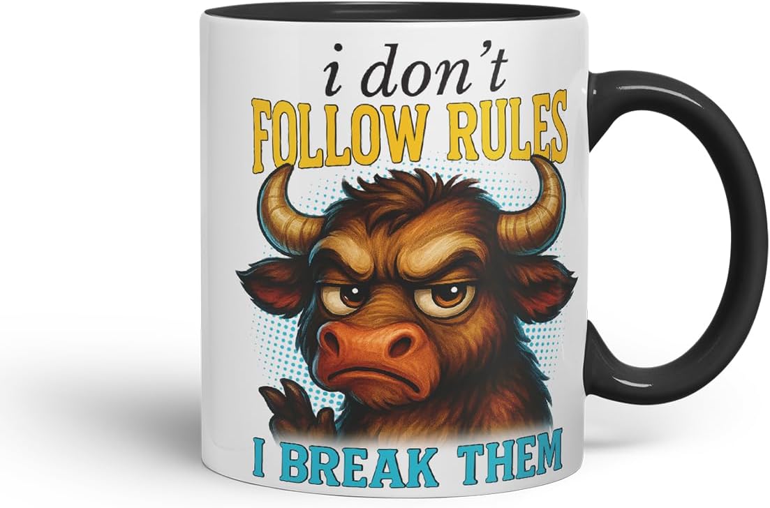 Vixar I Don't Follow Rules I Break Them Funny Bull Mug – Coloured Ceramic Mug Cup Gift, 11oz (Black)
