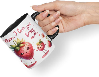 Vixar Mom, I Love You Berry Much Coloured Mug Cup Cute Strawberry Mother’s Day Gift 11oz (Black)