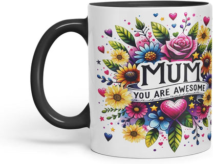 Vixar Mum You are Awesome Floral Mug – Coloured Ceramic Mug Cup Gift, 11oz (Black)