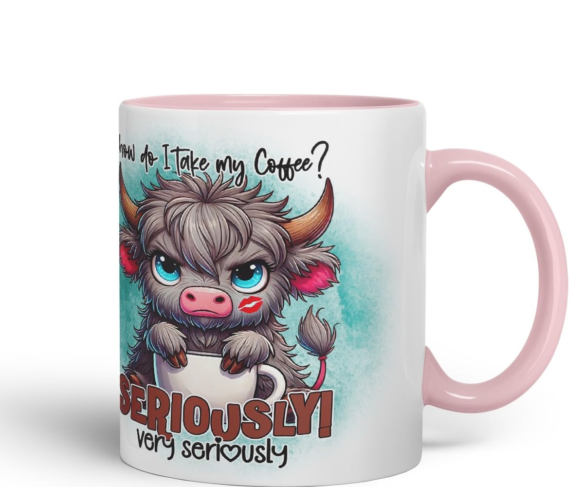 Vixar How Do I Take My Coffee? Seriously! Very Seriously Highland Cow Coloured Ceramic Mug Cup Gift for Coffee Lovers 11oz (Black)
