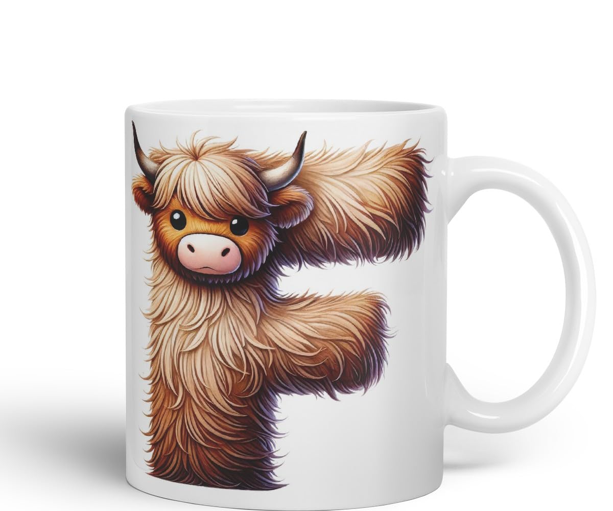 Highland Cow Alphabet Monogram Coloured Ceramic Cup Mug Letter F Rustic Farmhouse Animal Letter Gift V2 11oz (Black)