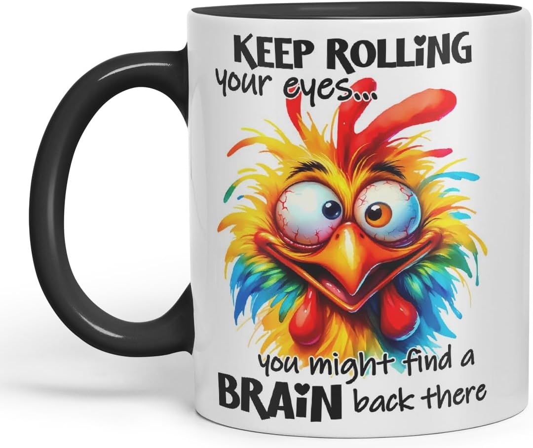 Vixar Mug with Keep Rolling Your Eyes – You Might Find a Brain Back There Coloured Ceramic Mug Cup 11oz Funny Sarcastic Gift (Black)