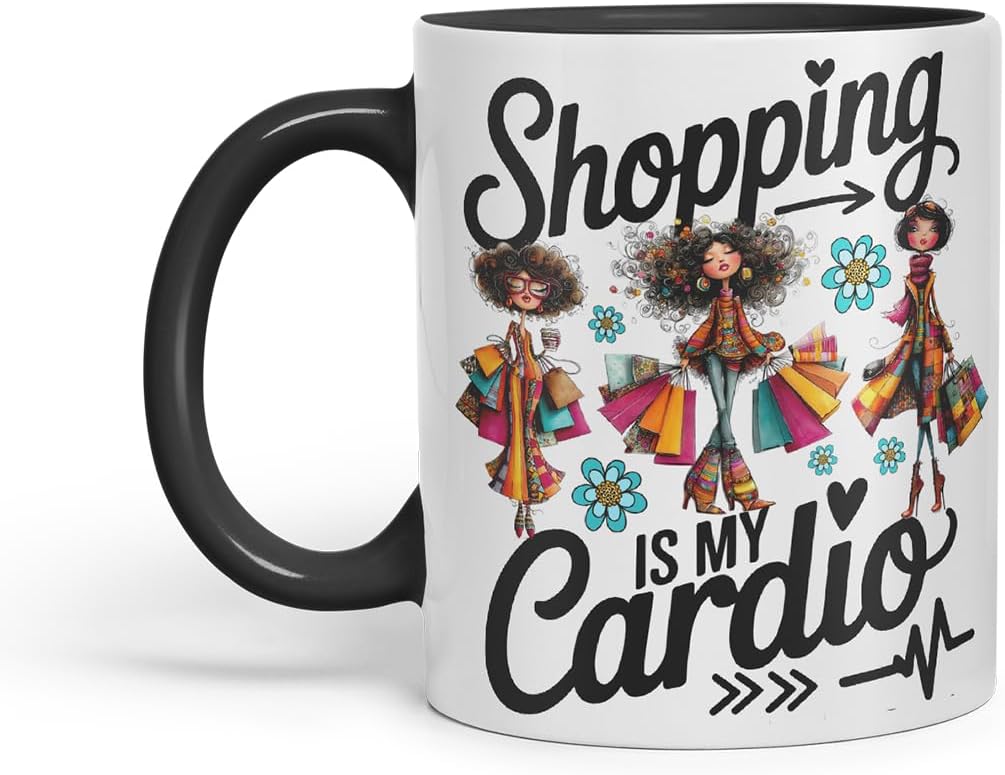 Vixar Shopping is My Cardio Mug – Coloured Ceramic Mug Cup Gift, 11oz (Black)