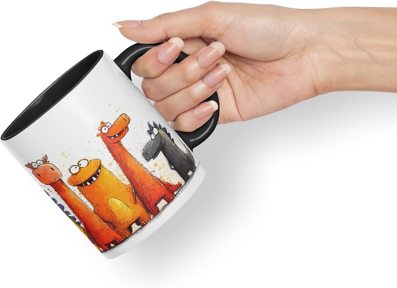 Vixar Funny Colourful Dino Friends Design – Cute Dinosaur Character Mug for Dino Lovers, Coloured Mug Cup Gift, 11oz (Black)