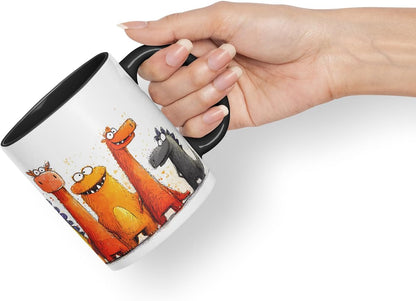 Vixar Funny Colourful Dino Friends Design – Cute Dinosaur Character Mug for Dino Lovers, Coloured Mug Cup Gift, 11oz (Black)