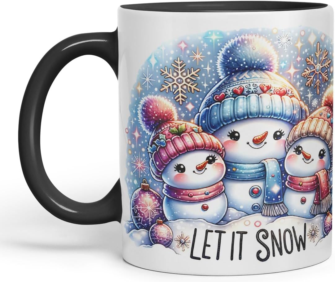 Vixar Let It Snow Cute Snowman Family Coloured Mug Cup Christmas Winter Gift 11oz (Black)