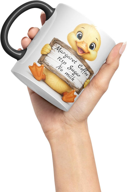 Vixar Personalised Duckling Mug with Name or Custom Message – Cute Animal Coloured Ceramic Mug Cup Gift, 11oz (Black)