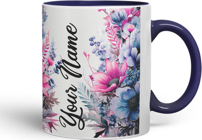 Vixar Personalised Purple Floral Mug – Custom Your Name Coloured Ceramic Mug Cup Gift, 11oz (Black)