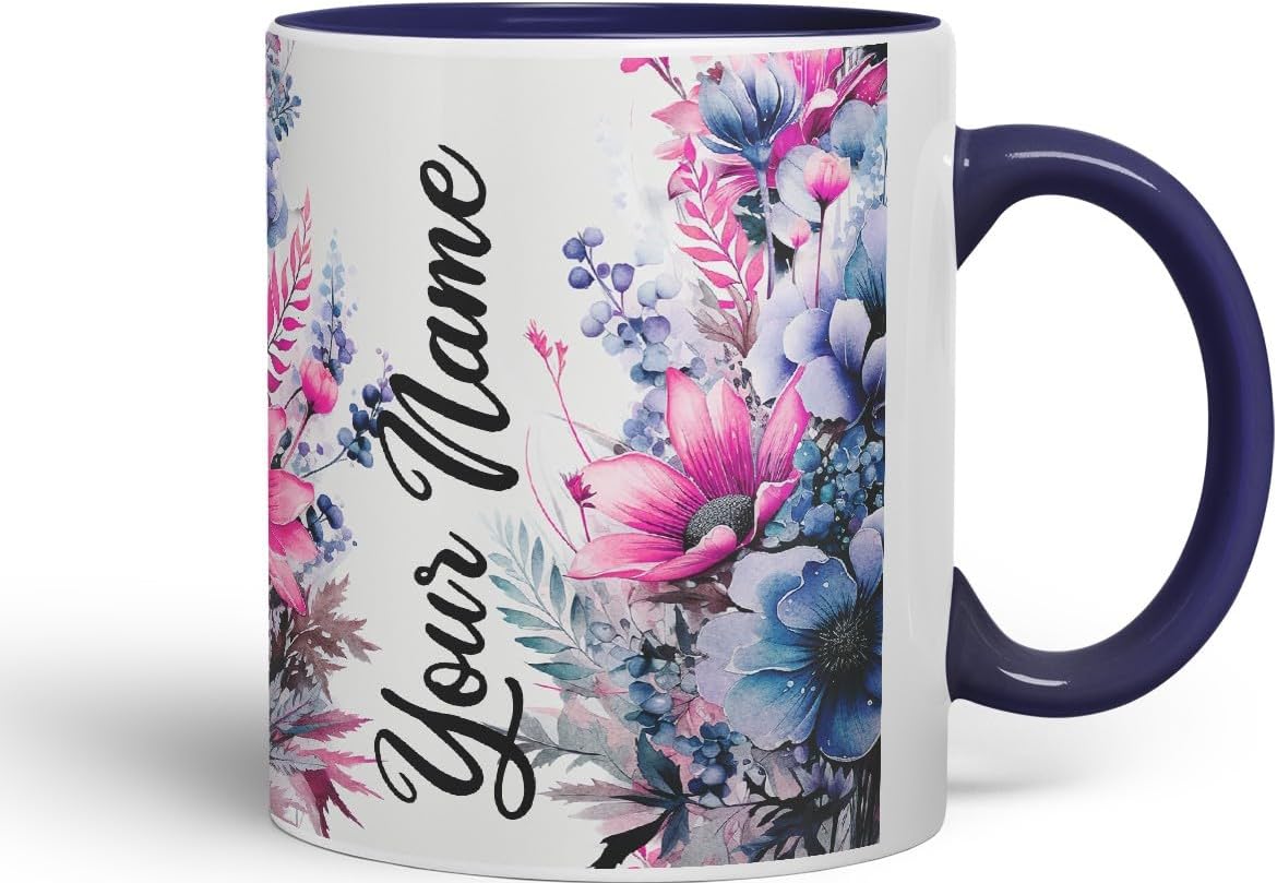 Vixar Personalised Purple Floral Mug – Custom Your Name Coloured Ceramic Mug Cup Gift, 11oz (Black)