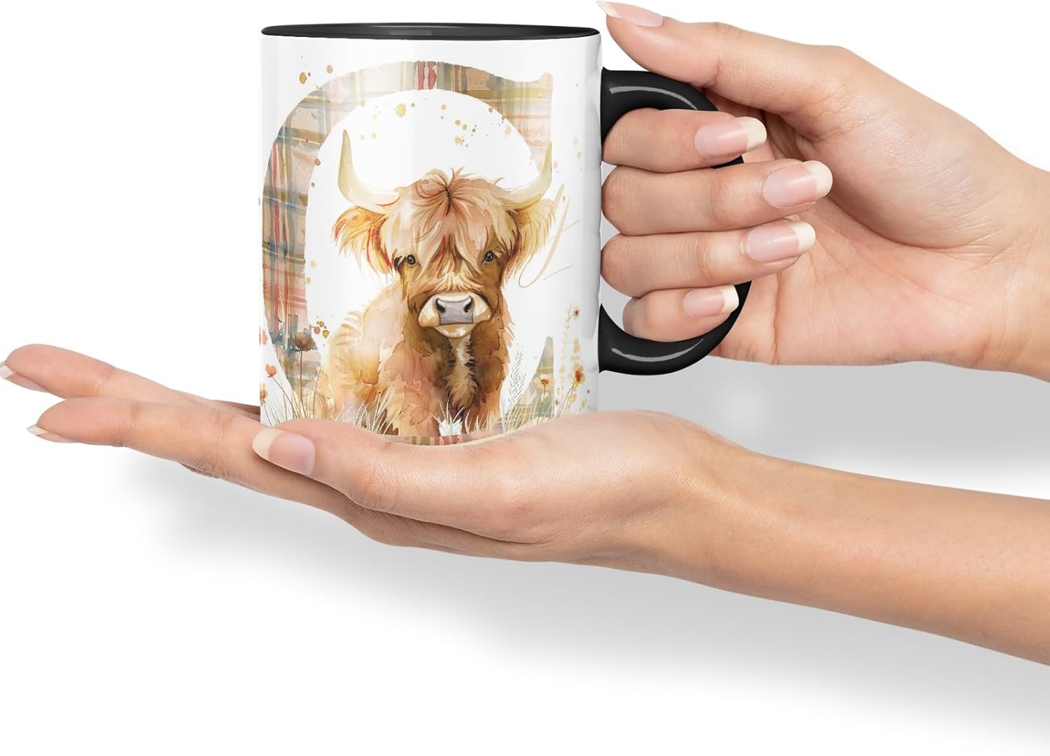 Vixar Highland Cow Alphabet Monogram Coloured Ceramic Cup Mug – Letter C – Rustic Farmhouse Animal Letter Gift – 11oz (Black)