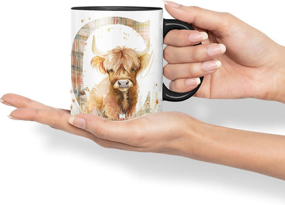 Vixar Highland Cow Alphabet Monogram Coloured Ceramic Cup Mug – Letter C – Rustic Farmhouse Animal Letter Gift – 11oz (Black)