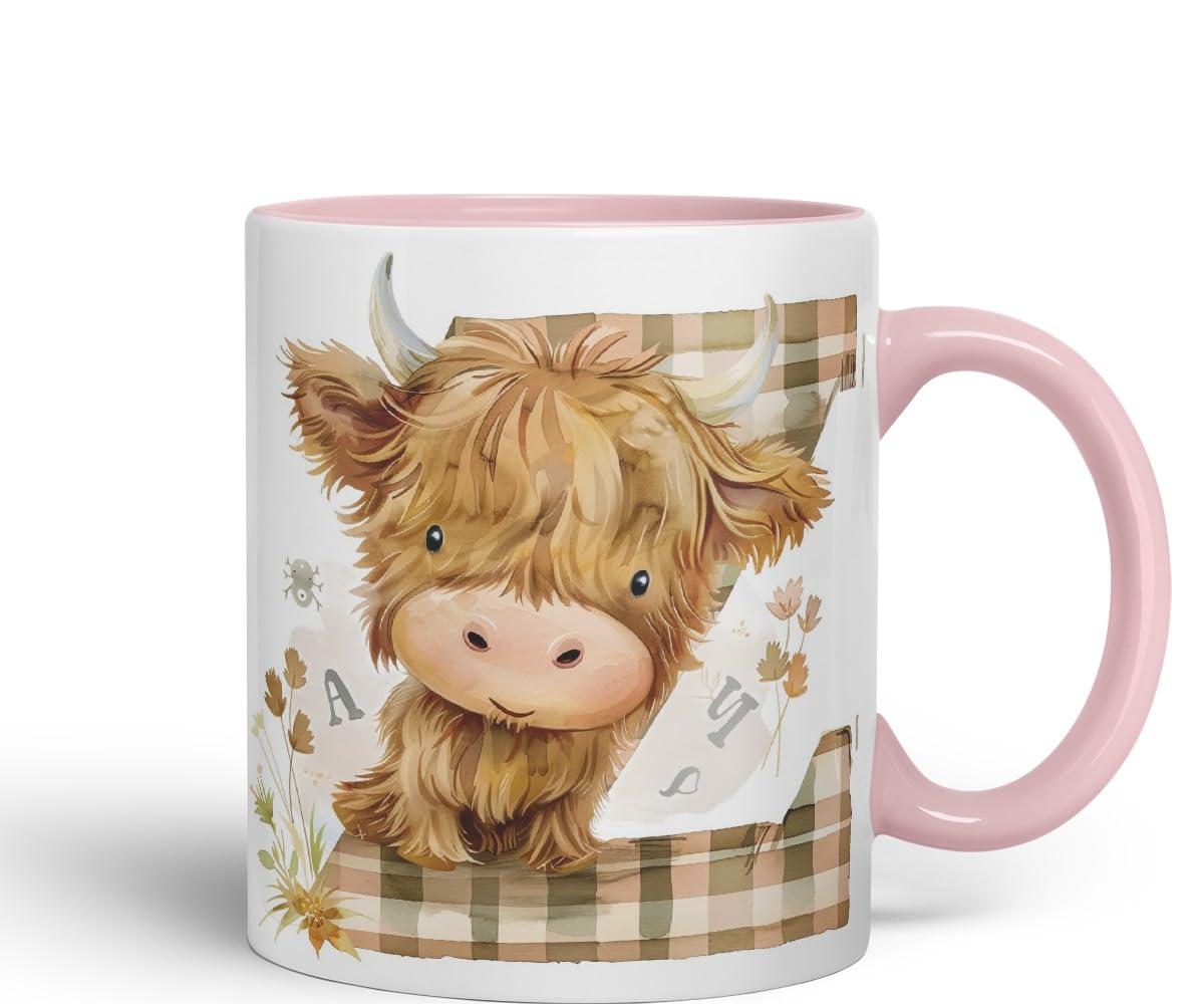 Vixar Highland Cow Alphabet Monogram Coloured Ceramic Cup Mug – Letter Z – Rustic Farmhouse Animal Letter Gift – 11oz (Black)