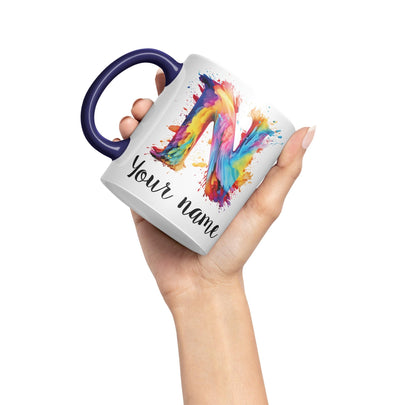 Personalised Letter N mug, Alphabet cusomized custom Letter N Monogram watercolour Ceramic Coloured Mug Cup for Tea Coffee Hot brew 330ml 11Oz Gift
