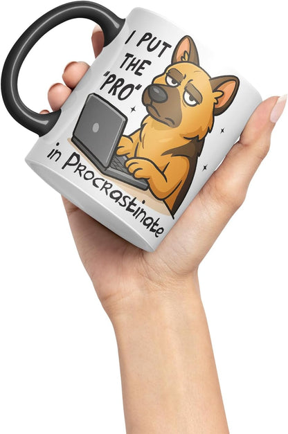 Vixar I Put The Pro in Procrastinate German Shepherd Dog Mug – Coloured Ceramic Mug Cup Gift, 11oz (Black)